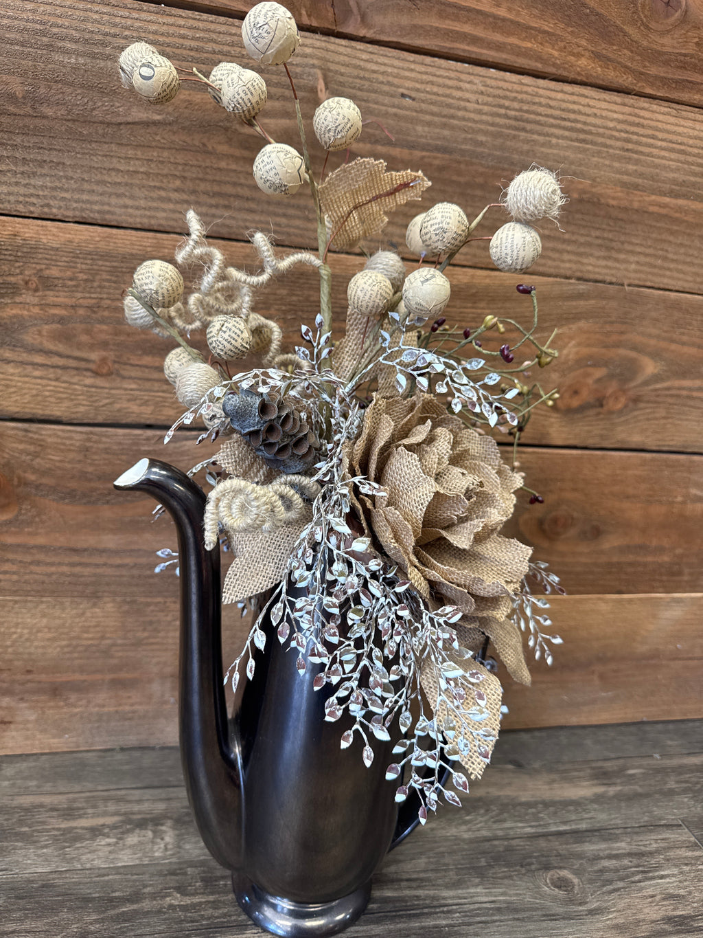 Burlap Flower Arrangement in Vintage Coffee Pot