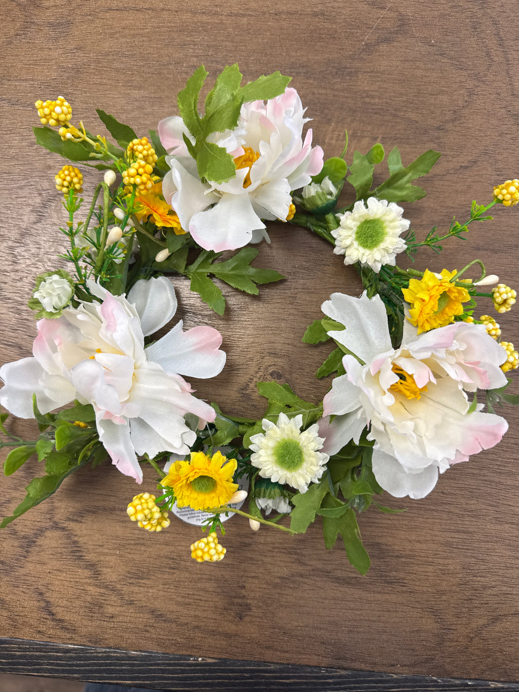 White Peonies with Yellow Daisies 4.5” Candle Ring