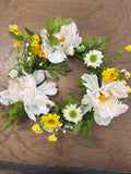 White Peonies with Yellow Daisies 4.5” Candle Ring