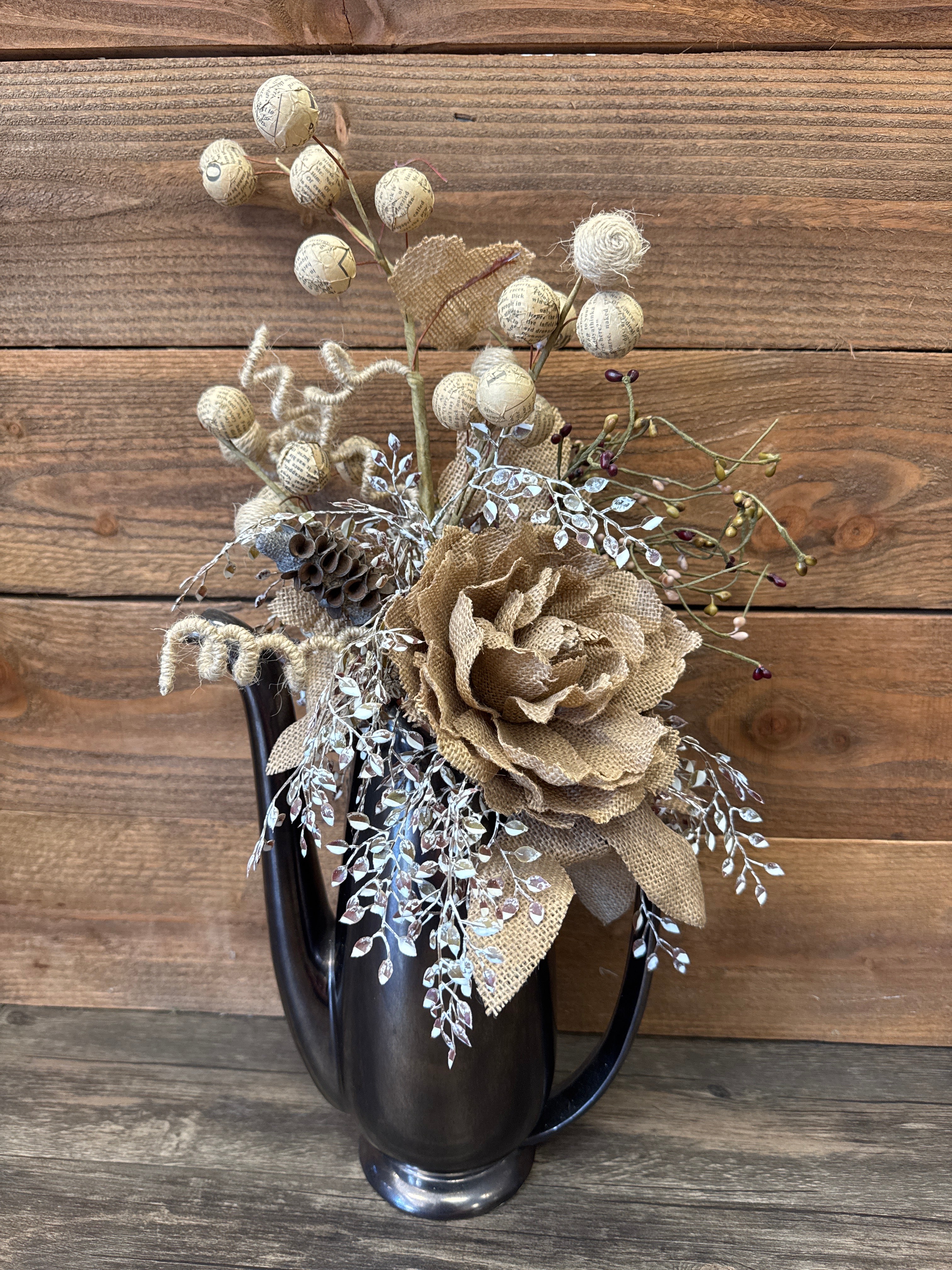 Burlap Flower Arrangement in Vintage Coffee Pot