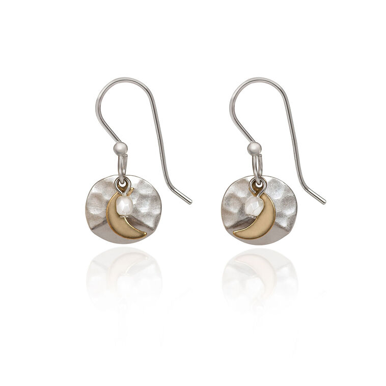 Silver Forest Crescent Moon on Hammered Disc Drop Earrings