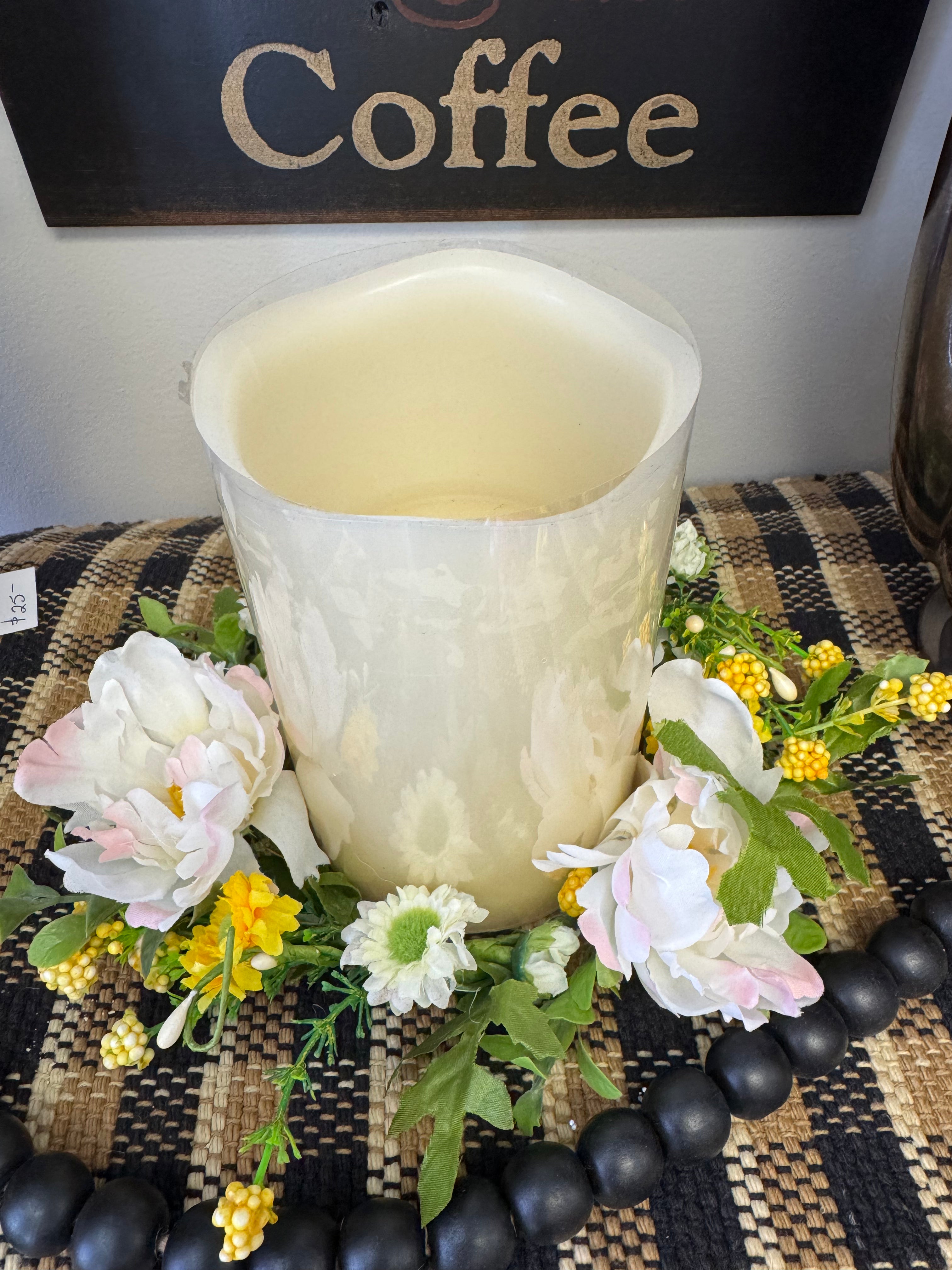 White Peonies with Yellow Daisies 4.5” Candle Ring