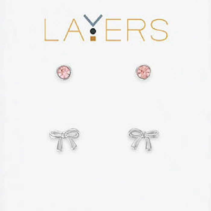 Layers Earring Silver Pink CZ & Bow Duo Stud