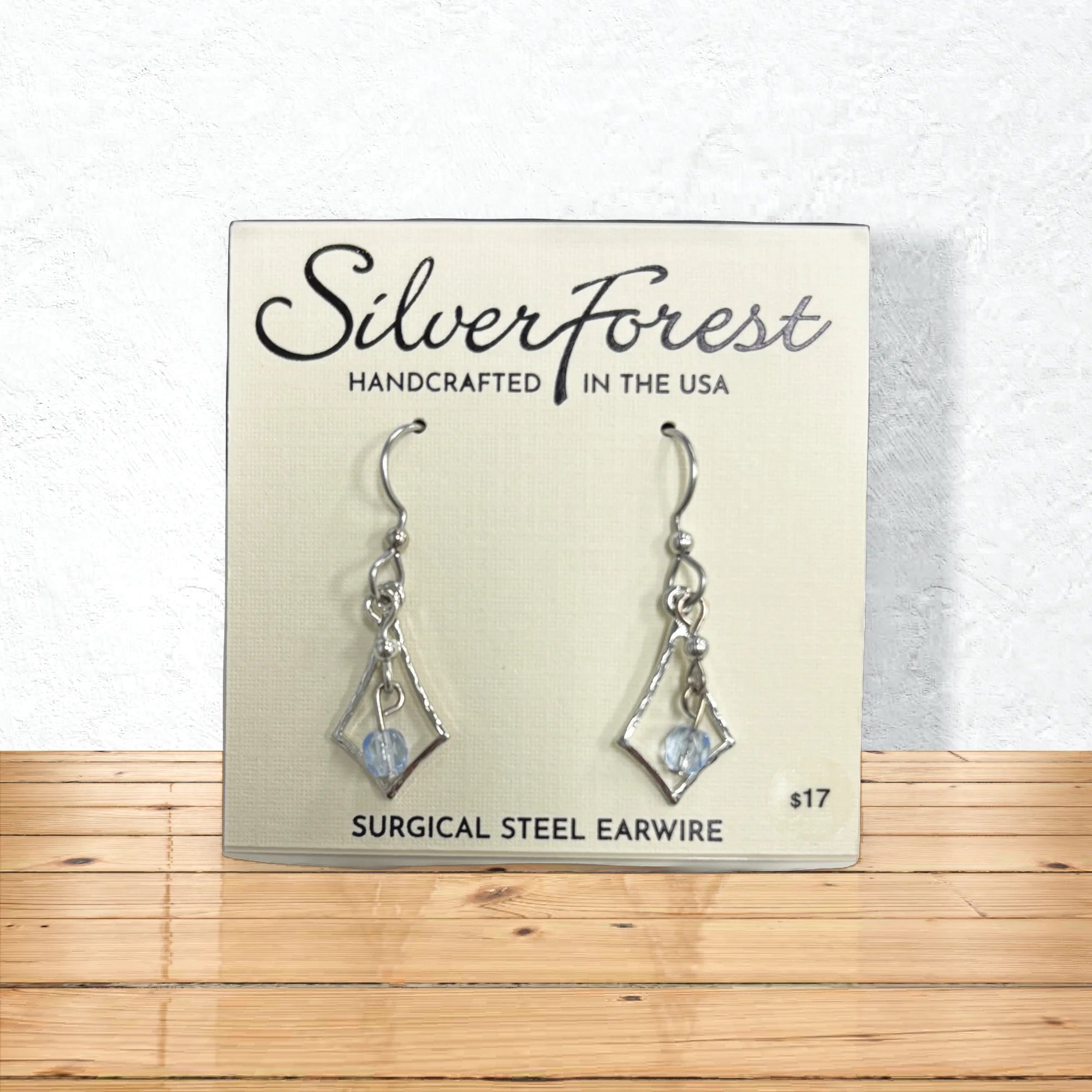 Silver Forest Kite Shape with Crystal Bead Dangle Earrings