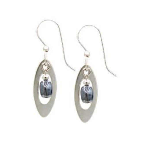 Silver Forest Open Oval with Black Bead Dangle Earrings