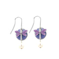 Silver Forest Purple Dragonfly on Blue Disc Silver-Tone Metal Drop Earrings