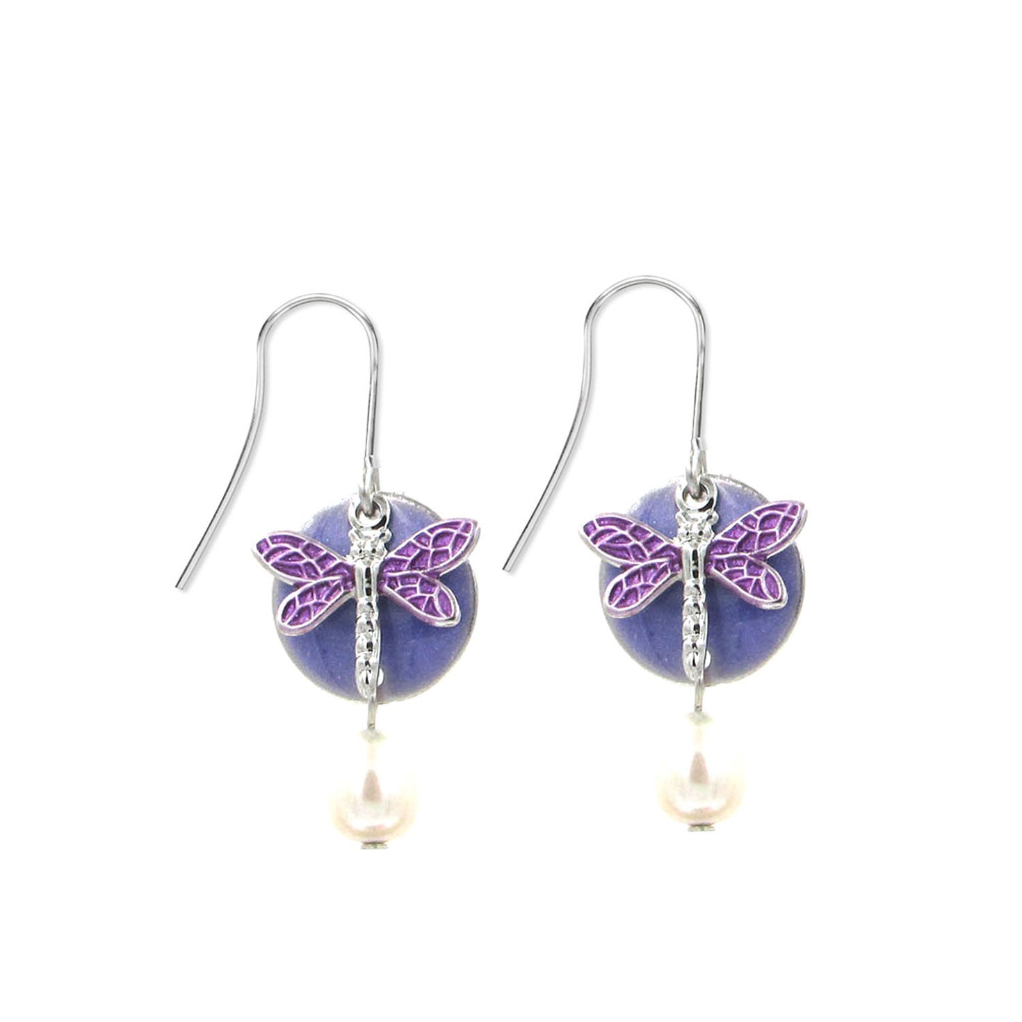 Silver Forest Purple Dragonfly on Blue Disc Silver-Tone Metal Drop Earrings