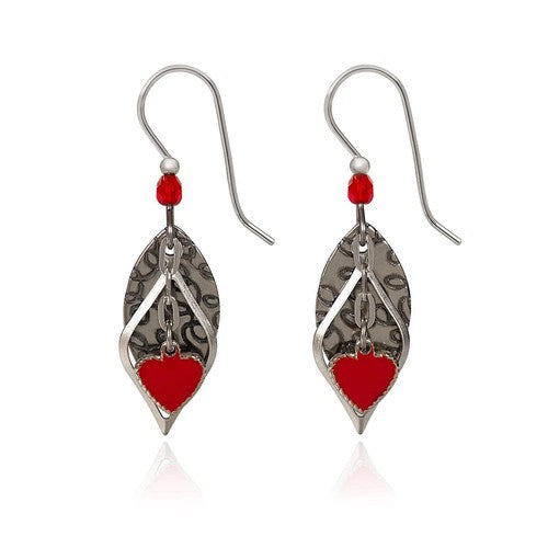Silver Forest Red Heart with Silver Oval Dangle Earrings